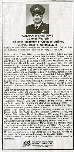 Click image for larger version

Name:	7 March, 2018 - Obituary - Michael David Calnan - RCHA - WWII Veteran - Ottawa Citizen.jpg
Views:	22
Size:	615.0 KB
ID:	98443